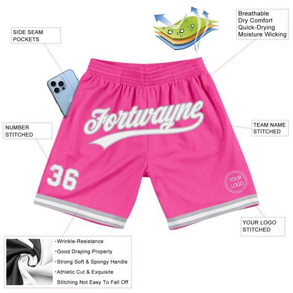 Custom Pink White-Gray Authentic Throwback Basketball Shorts - Image 2