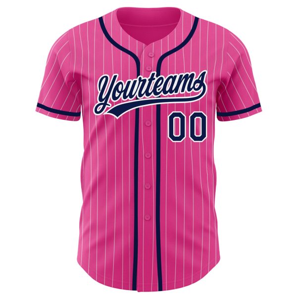 Custom Pink White Pinstripe Navy Authentic Baseball Jersey - Image 2