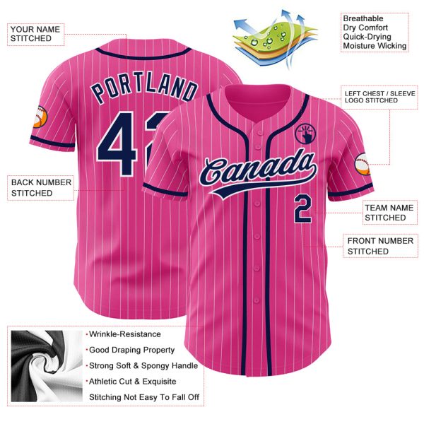 Custom Pink White Pinstripe Navy Authentic Baseball Jersey - Image 3