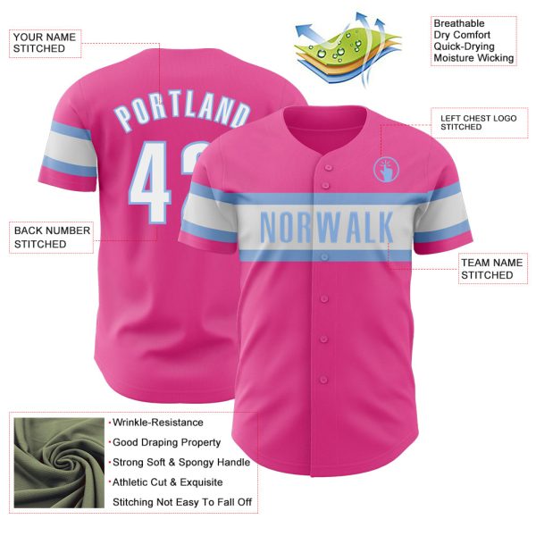 Custom Pink White-Light Blue Authentic Baseball Jersey - Image 3