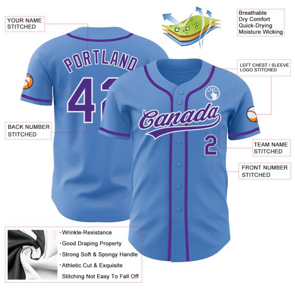Custom Powder Blue Purple-White Authentic Baseball Jersey - Image 3