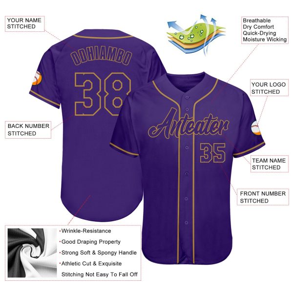 Custom Purple Purple-Old Gold Authentic Baseball Jersey - Image 3