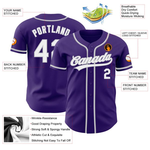 Custom Purple White-Gray Authentic Baseball Jersey - Image 3
