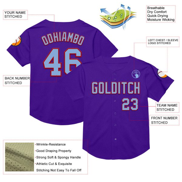 Custom Purple Light Blue-Red Mesh Authentic Throwback Baseball Jersey - Image 3