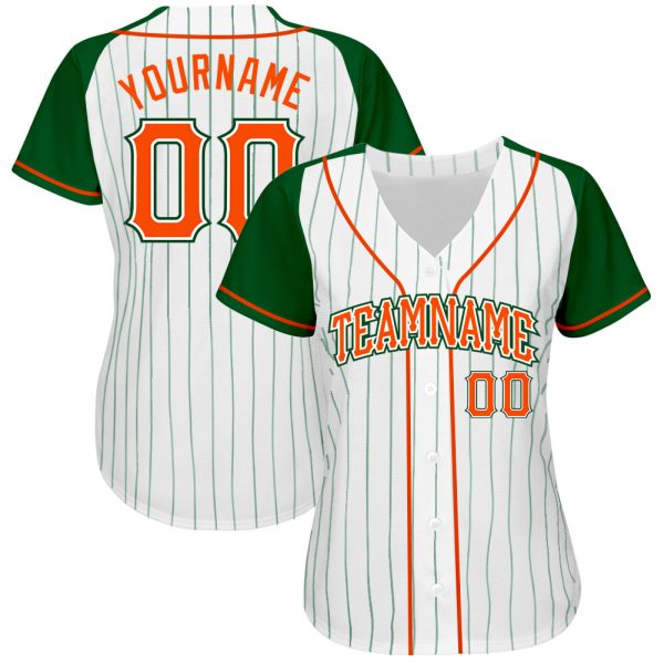 Custom White Green Pinstripe Orange-Green Authentic Raglan Sleeves Baseball Jersey - Image 2