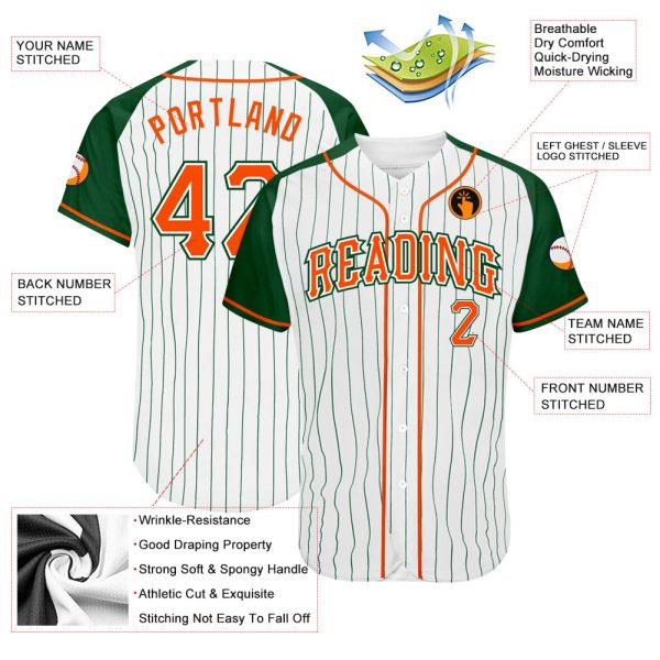 Custom White Green Pinstripe Orange-Green Authentic Raglan Sleeves Baseball Jersey - Image 3