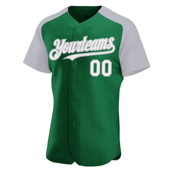 Custom Kelly Green White-Gray Authentic Raglan Sleeves Baseball Jersey - Image 2