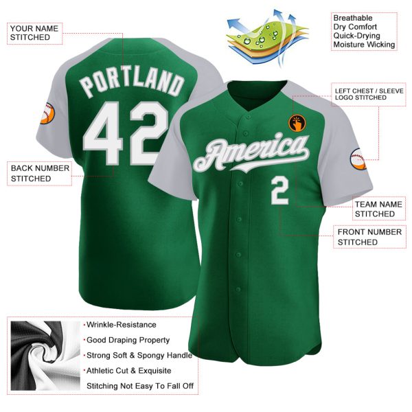 Custom Kelly Green White-Gray Authentic Raglan Sleeves Baseball Jersey - Image 3