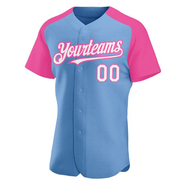 Custom Light Blue White-Pink Authentic Raglan Sleeves Baseball Jersey - Image 2