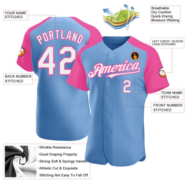 Custom Light Blue White-Pink Authentic Raglan Sleeves Baseball Jersey - Image 3