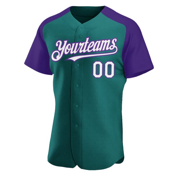 Custom Teal White-Purple Authentic Raglan Sleeves Baseball Jersey - Image 2
