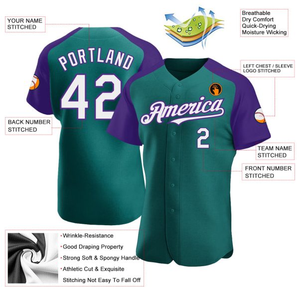 Custom Teal White-Purple Authentic Raglan Sleeves Baseball Jersey - Image 3