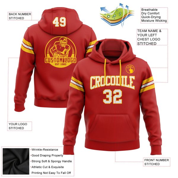 Custom Stitched Red White-Gold Football Pullover Sweatshirt Hoodie - Image 2