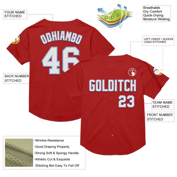 Custom Red White-Light Blue Mesh Authentic Throwback Baseball Jersey - Image 3