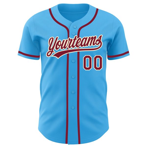 Custom Sky Blue Crimson-Cream Authentic Baseball Jersey - Image 2