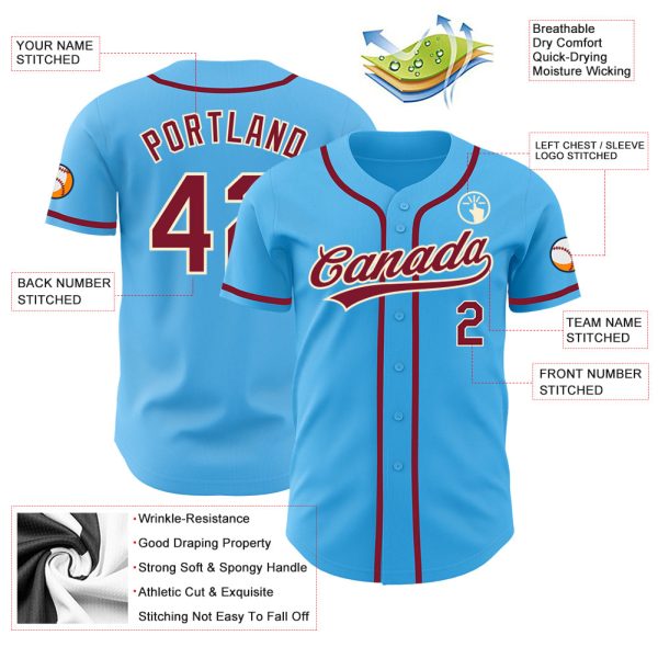 Custom Sky Blue Crimson-Cream Authentic Baseball Jersey - Image 3