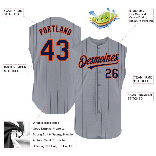 Custom Gray Navy Pinstripe Orange Authentic Sleeveless Baseball Jersey - Image 2