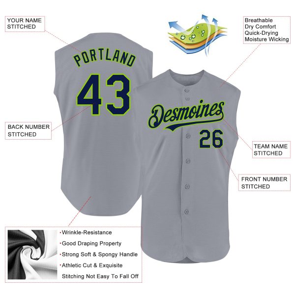 Custom Gray Navy-Neon Green Authentic Sleeveless Baseball Jersey - Image 2