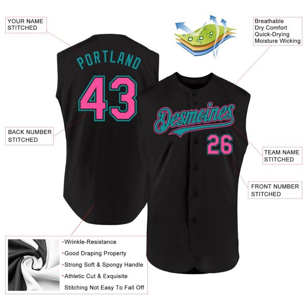 Custom Black Pink-Teal Authentic Sleeveless Baseball Jersey - Image 2