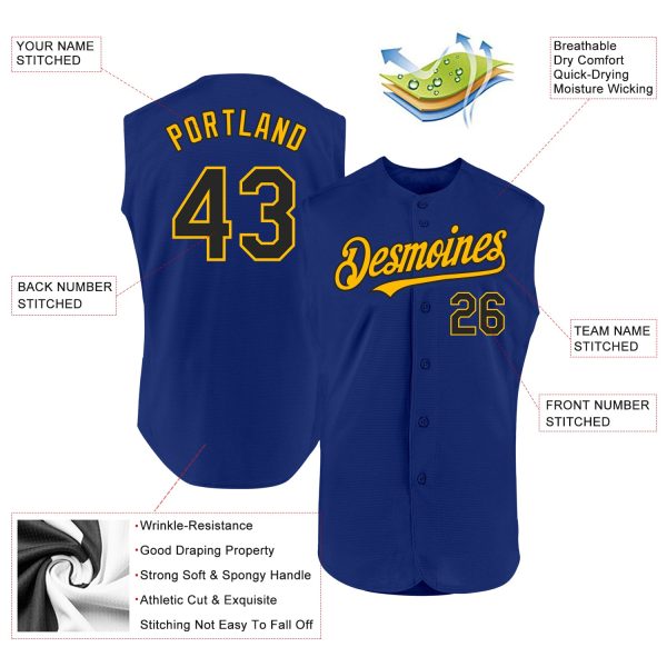 Custom Royal Black-Gold Authentic Sleeveless Baseball Jersey - Image 2