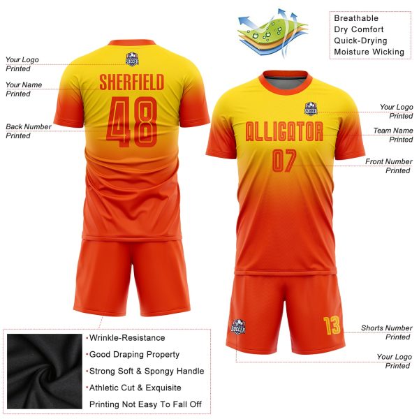 Custom Gold Orange Sublimation Fade Fashion Soccer Uniform Jersey - Image 3