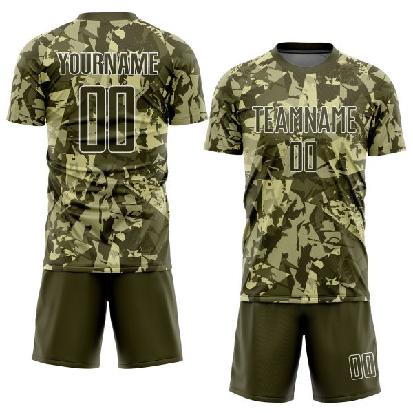 Custom Camo Olive-White Sublimation Salute To Service Soccer Uniform Jersey - Image 2