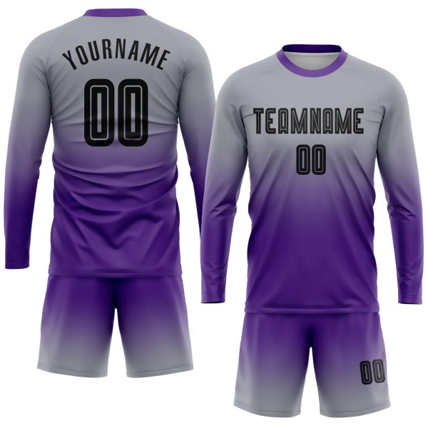 Custom Gray Black-Purple Sublimation Long Sleeve Fade Fashion Soccer Uniform Jersey - Image 2