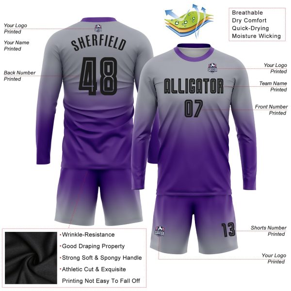 Custom Gray Black-Purple Sublimation Long Sleeve Fade Fashion Soccer Uniform Jersey - Image 3