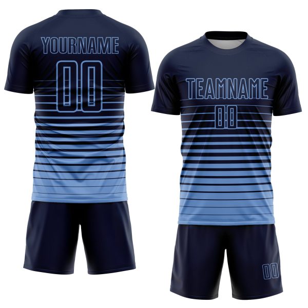 Custom Navy Light Blue Pinstripe Fade Fashion Sublimation Soccer Uniform Jersey - Image 2