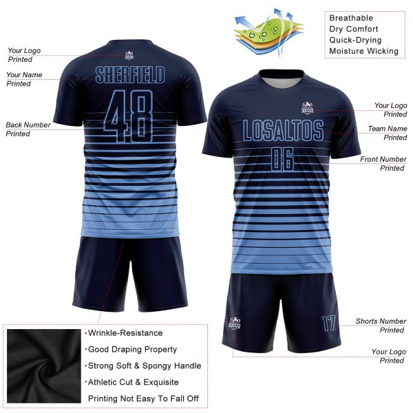 Custom Navy Light Blue Pinstripe Fade Fashion Sublimation Soccer Uniform Jersey - Image 3