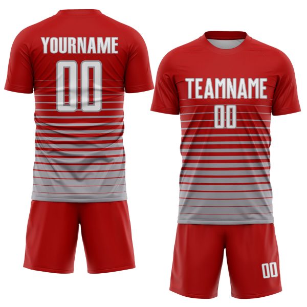 Custom Red White-Gray Pinstripe Fade Fashion Sublimation Soccer Uniform Jersey - Image 2
