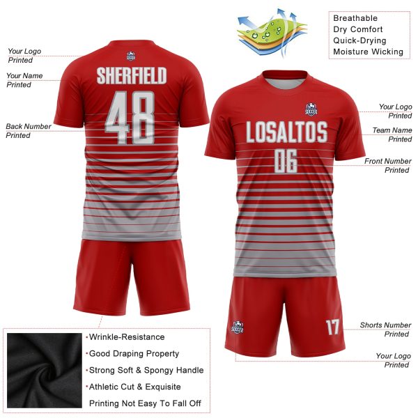 Custom Red White-Gray Pinstripe Fade Fashion Sublimation Soccer Uniform Jersey - Image 3