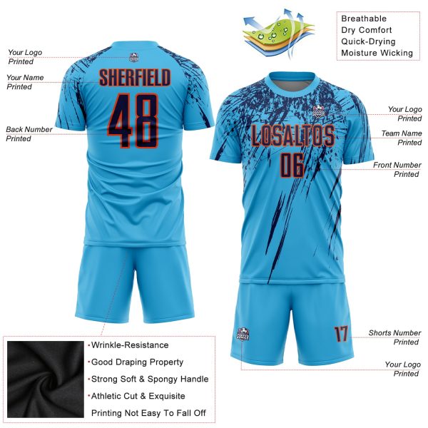 Custom Sky Blue Navy-Orange Sublimation Soccer Uniform Jersey - Image 3