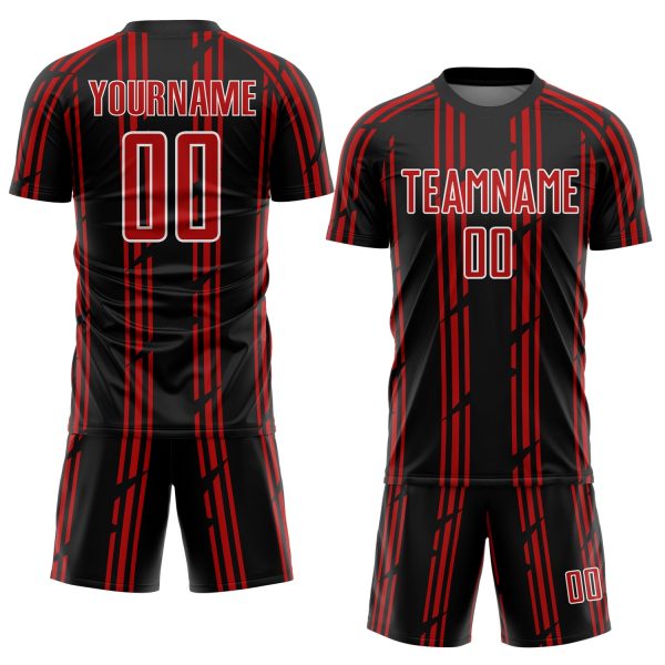 Custom Black Red-White Pinstripe Sublimation Soccer Uniform Jersey - Image 2