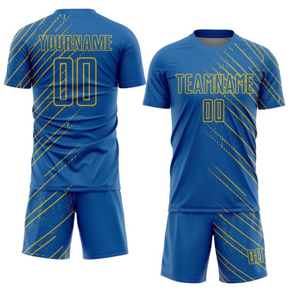Custom Blue Gold Lines Sublimation Soccer Uniform Jersey - Image 2