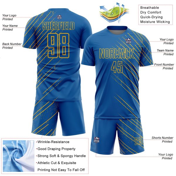 Custom Blue Gold Lines Sublimation Soccer Uniform Jersey - Image 4