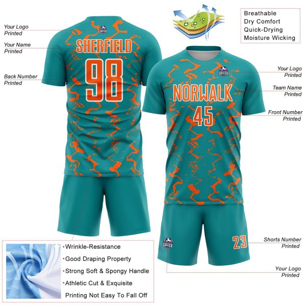 Custom Teal Orange-White Abstract Lines Sublimation Soccer Uniform Jersey - Image 4