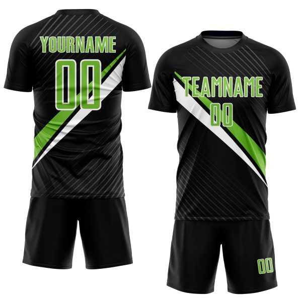 Custom Black Neon Green-White Diagonal Lines Sublimation Soccer Uniform Jersey - Image 2
