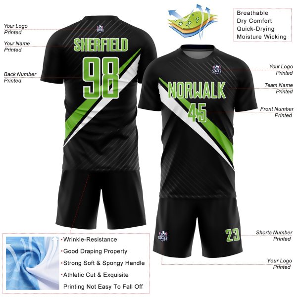 Custom Black Neon Green-White Diagonal Lines Sublimation Soccer Uniform Jersey - Image 4