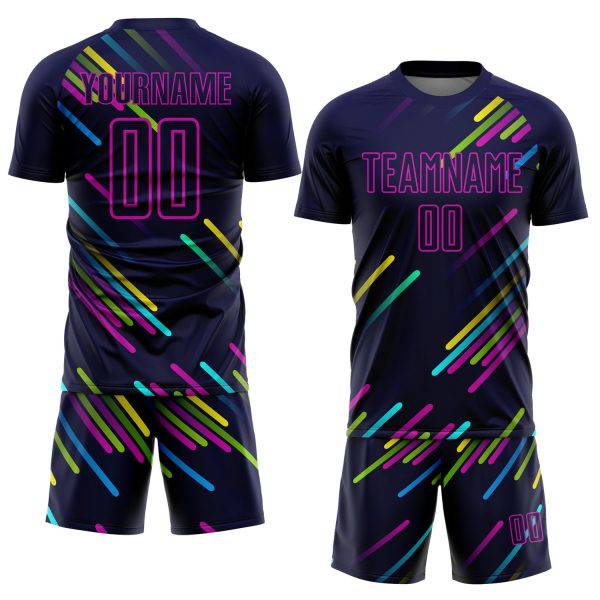 Custom Navy Pink Lines Sublimation Soccer Uniform Jersey - Image 2
