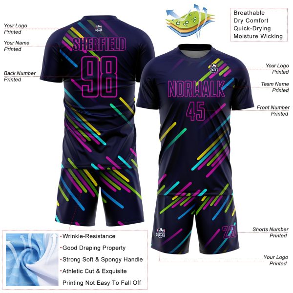 Custom Navy Pink Lines Sublimation Soccer Uniform Jersey - Image 4