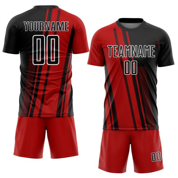 Custom Red Black-White Lines Sublimation Soccer Uniform Jersey - Image 2