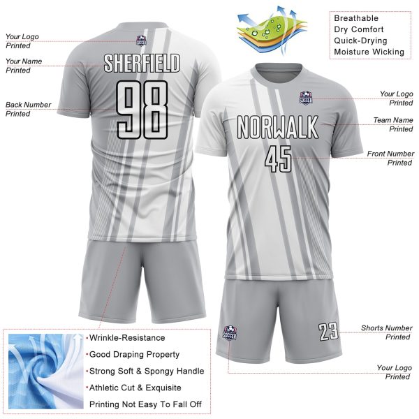 Custom Gray White-Black Lines Sublimation Soccer Uniform Jersey - Image 4