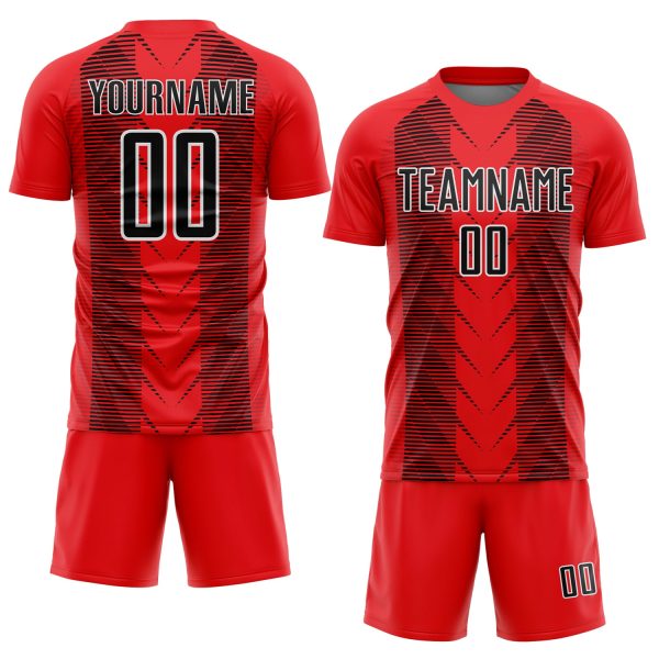 Custom Fire Red Black-White Lines Sublimation Soccer Uniform Jersey - Image 2