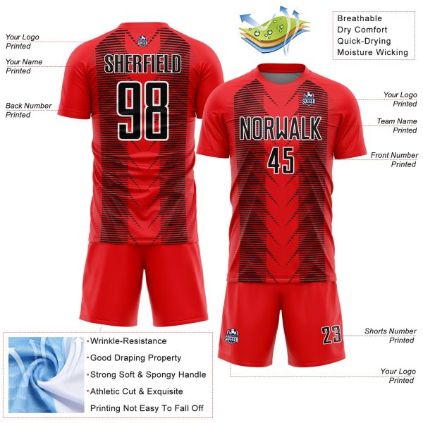 Custom Fire Red Black-White Lines Sublimation Soccer Uniform Jersey - Image 4