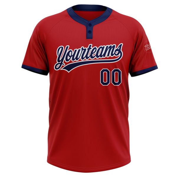 Custom Red Navy-White Two-Button Unisex Softball Jersey - Image 2