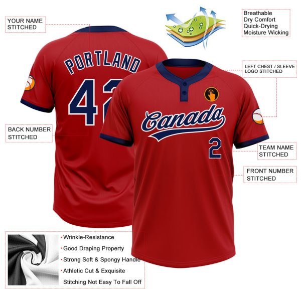 Custom Red Navy-White Two-Button Unisex Softball Jersey - Image 3