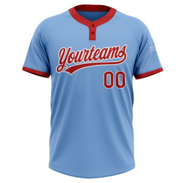 Custom Light Blue Red-White Two-Button Unisex Softball Jersey - Image 2