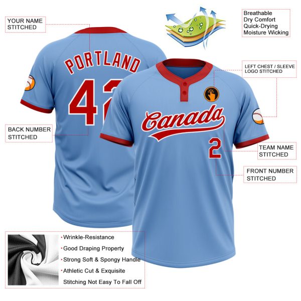 Custom Light Blue Red-White Two-Button Unisex Softball Jersey - Image 3