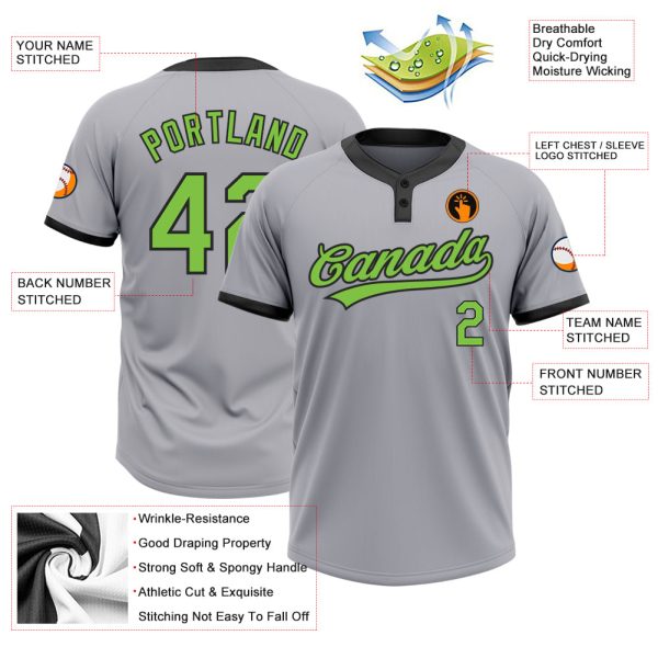Custom Gray Neon Green-Black Two-Button Unisex Softball Jersey - Image 3